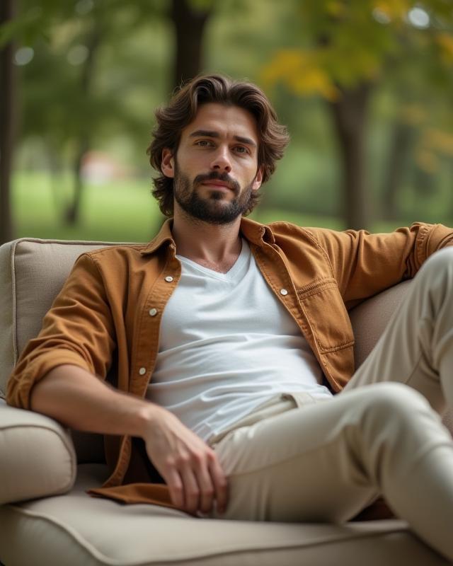 Rahat bir hafta sonu kombiniyle dinlenen erkek model.